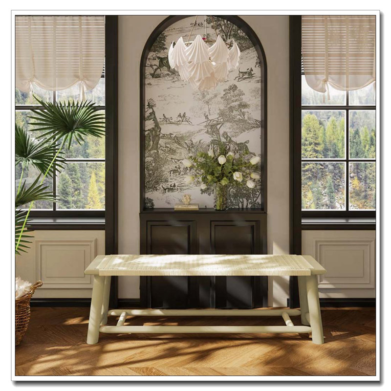 Solid Wood Rattan Bench, Gold