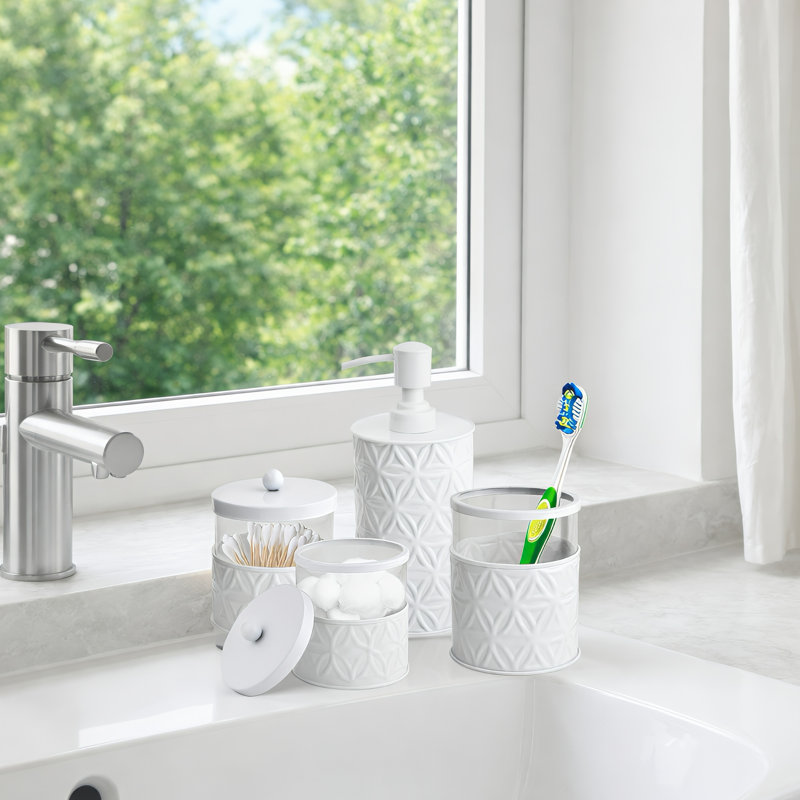  Ensemble d'accessoires de salle de bain blanc, 4 pièces, décor pour salle de bain - Distributeur de savon / Distributeur de lotion, Porte-brosse à dents, 2 pots d'apothicaire en verre (porte-gobelet)