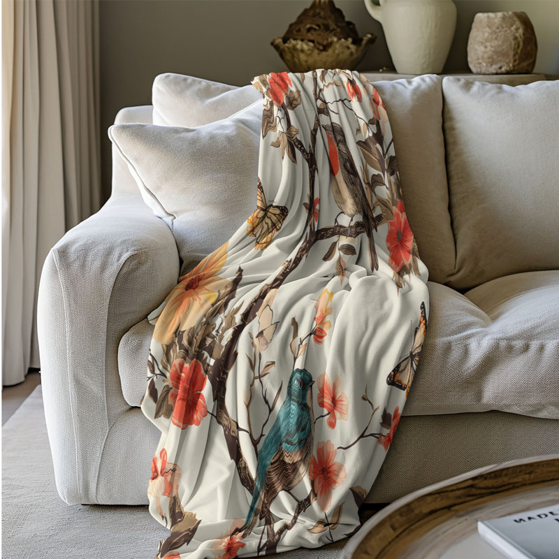 Jeté Nostalgic Bird Nymphs - 1 pièce Sherpa Bla Premium, 60 po x 80 po