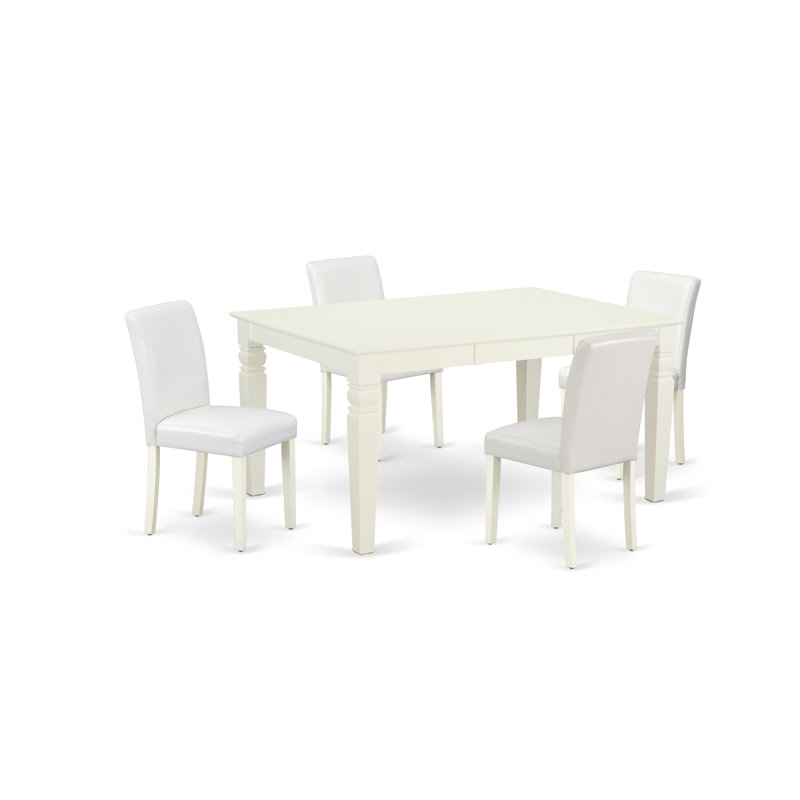 Ensemble de table de cuisine 5 pièces comprenant une table de salle à manger rectangulaire avec rallonge papillon et 4 chaises rembourrées en similicuir blanc, lin blanc