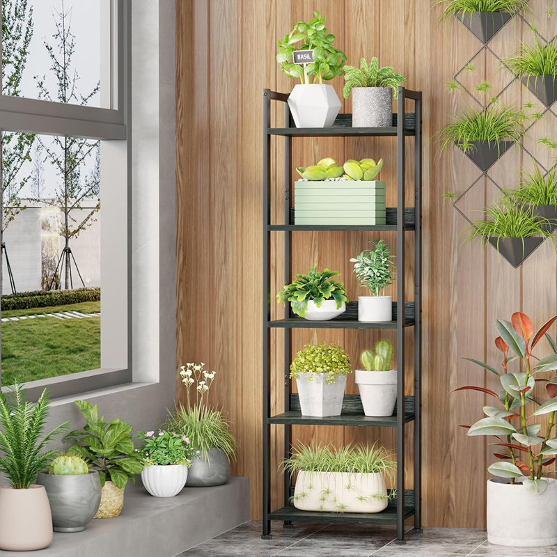 5 Tier Bookshelf With Drawer, Kitchen Bakers Rack With Storage, Tall Narrow Bookcase, Industrial Free Standing Display Shelf, Wood And Metal Book Shelf For Bedroom, Living Room, Black