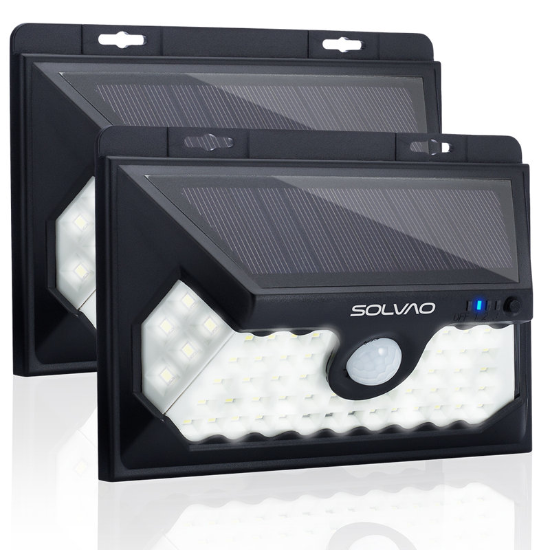 SOLVAO Capteurs de mouvement à énergie solaire - 60 lumières de sécurité murales d'extérieur à fixation murale avec boîtier étanche IP65 - Projecteurs d'extérieur sans fil ultra lumineux pour patio, porche, marche, sentier et remise (paquet de 2