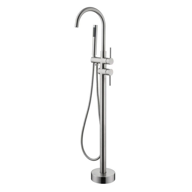 Robinet de baignoire autoportant à fixation au sol à haut débit avec pomme de douche à main et bec pivotant