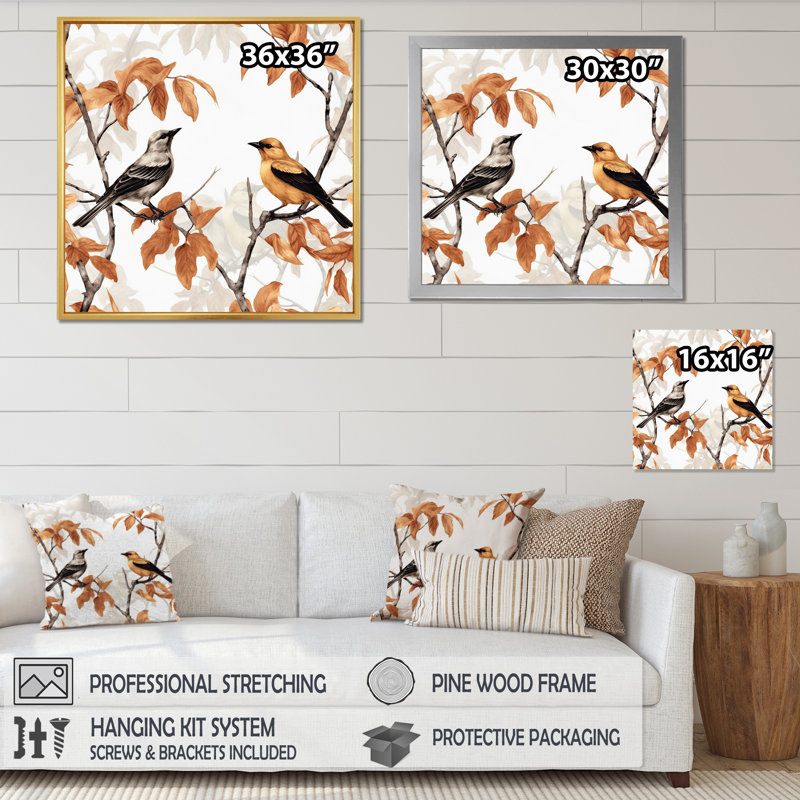 «Brown Birds On Trees I», reproduction d'art sur toile, H 30 po x l 30 po x P 1 po, Cadre doré à une seule photo