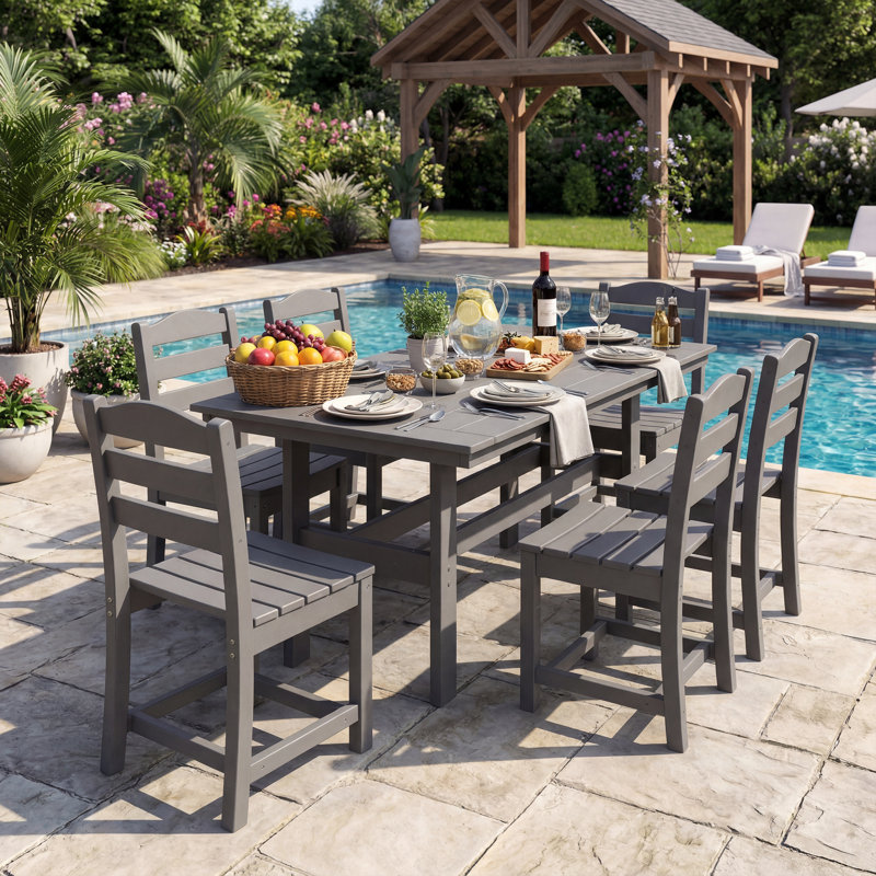 Ensemble repas d'extérieur 7 pièces en PEHD | 1 table + 6 chaises | Résistant aux intempéries, stable aux rayons UV et écologique