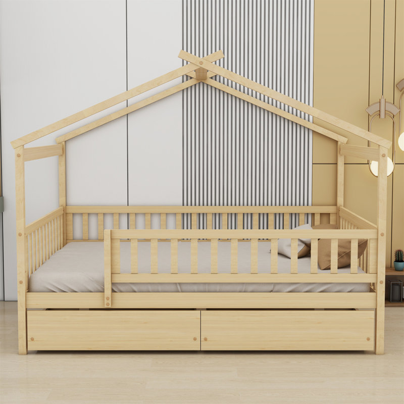 Lit en bois avec deux tiroirs, Naturel