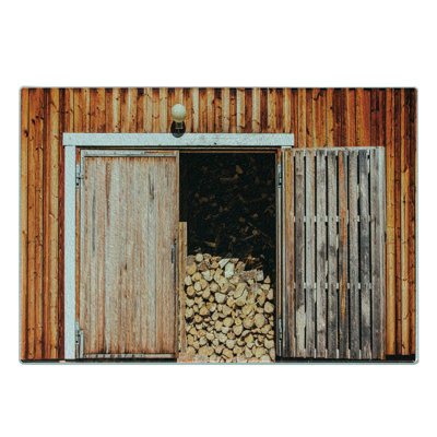 Ambesonne Rustic Tempered Glass Cutting Board Barn with Firewood Rural Orange Brown