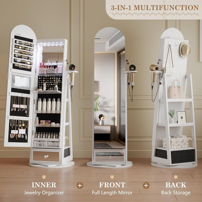 360° Swivel Arched Jewelry Mirror Cabinet, 64"H Standing Jewelry Armoire with 6 LED Lights, Lockable Jewelry Organizer, Arch Full Length Mirror with Storage, Inner Shelf, Drawers