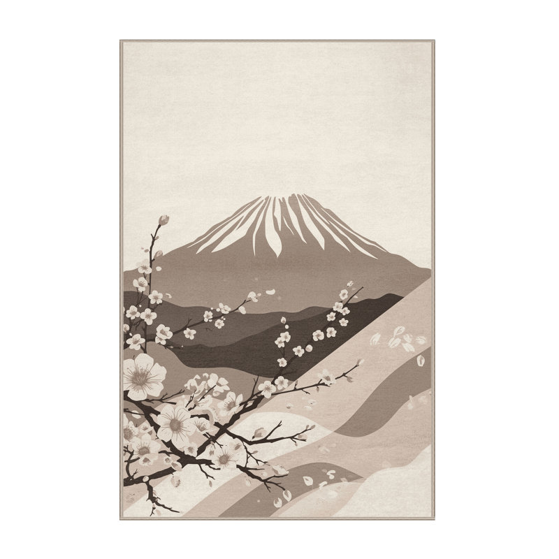 Machine Washable Orkan Mount Fuji Cherry Blossoms Minimalist Rug in Beige – Beige Binding, 5x7