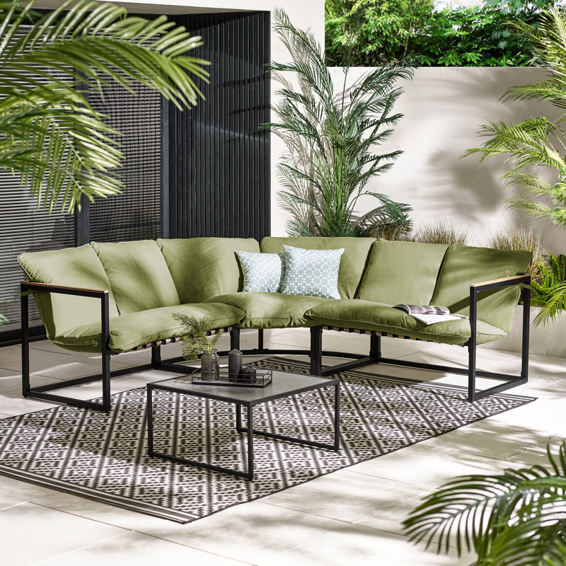 Saejin Outdoor 5 Seater Garden Corner Sofa Lounge Set for Modern Garden Patio (Cover Included), Green