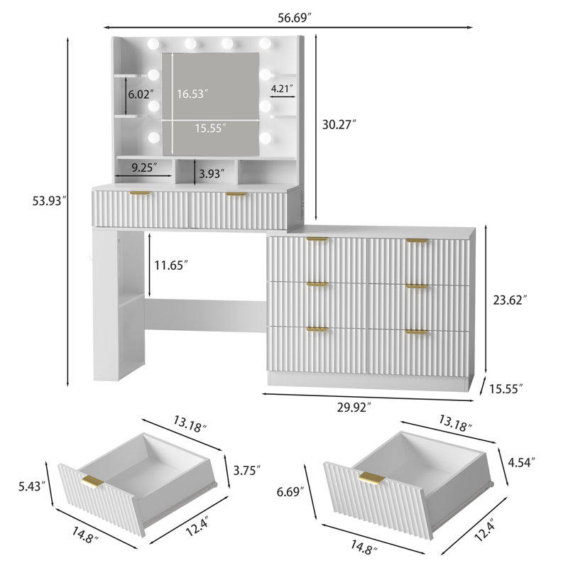 56"W Fluted Vanity Desk with Lighted Mirror, 8-Drawer Vanity Dresser with Charging Station & 3 Lighting Modes, Modern Dressing Table for Bedroom
