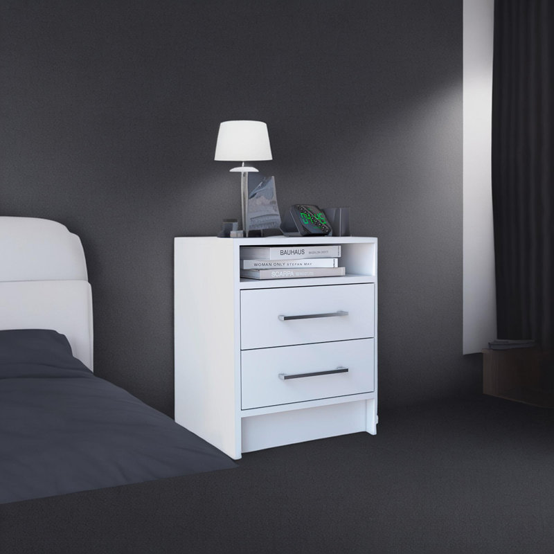 Table de chevet compacte Eter avec deux tiroirs et une tablette, rangement de chevet minimaliste, Blanc