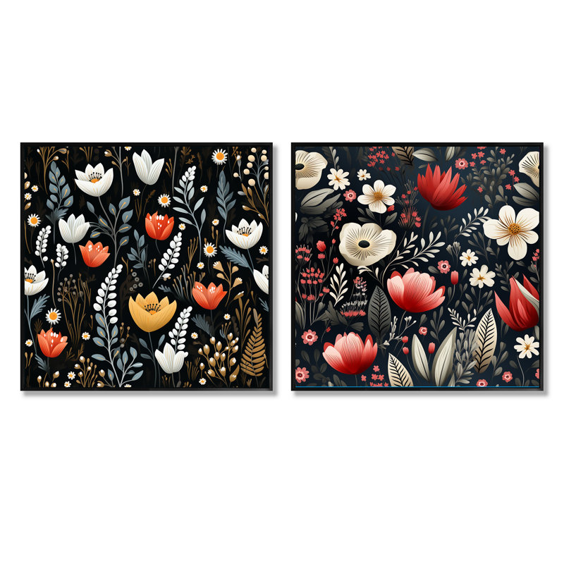 Jepson - Ensemble de 2 collages carrés botaniques abstraits, Cadre flottant noir, H 16 po x l 33 po