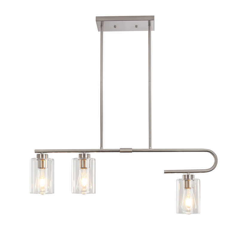 Luminaire suspendu linéaire à 3 lumières avec abat-jour en verre transparent, Nickel