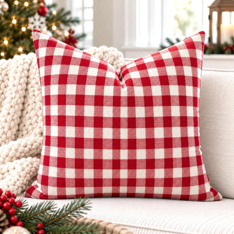 Coussin décoratif de Noël à carreaux vichy rouge et blanc, Square 17"