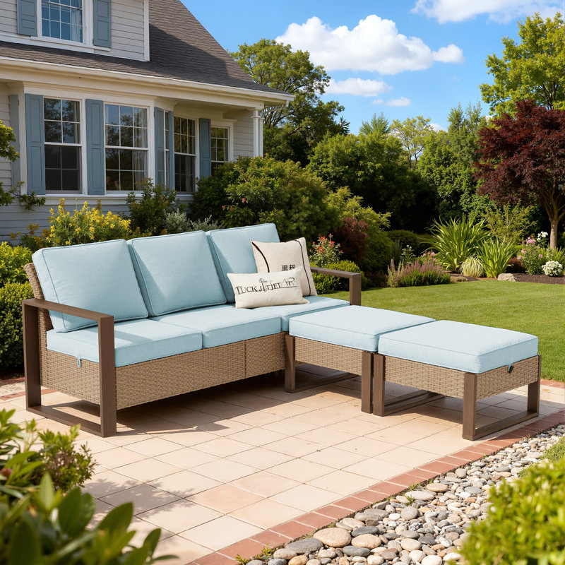 Patio Wicker Sofa Set With A 3-seat Sofa & 2 Ottomans, Outdoor Conversation Furniture Set With Removable Cushions & Wood-looking Metal Armrest For Garden, Backyard, Porch, Deck
