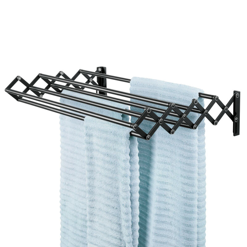 Séchoir à vêtements rétractable extensible en acier à fixation murale en acier - 8 barres pour vêtements suspendus - Organisateur, noir