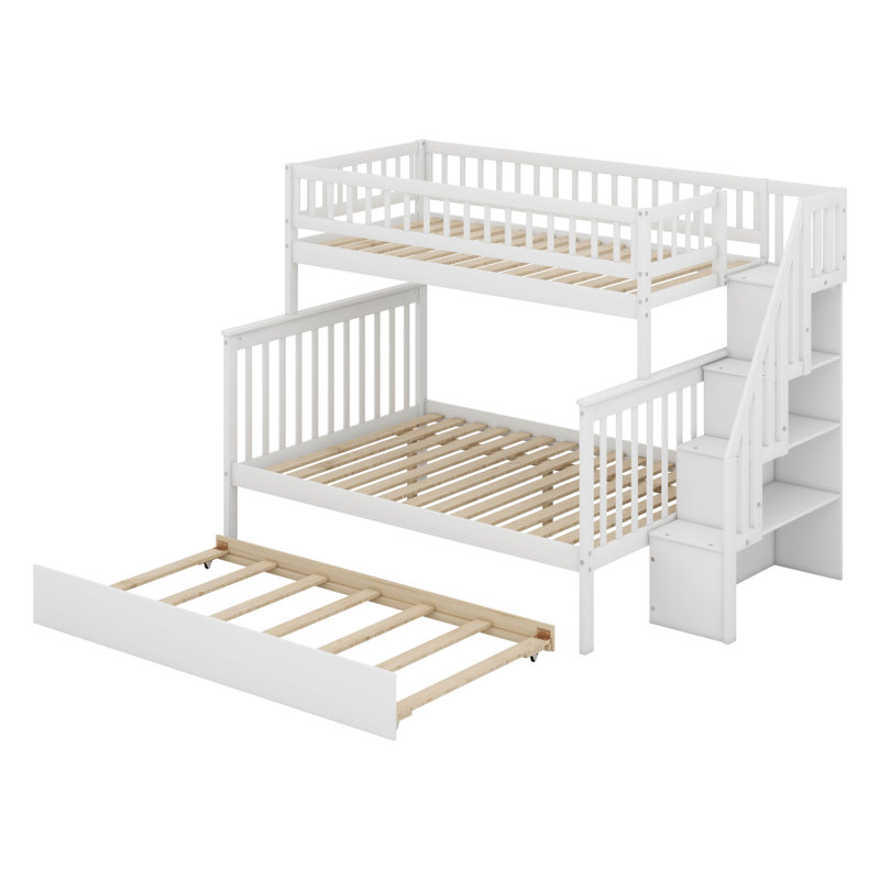 Solid Twin Over Full Wood Stairway Bunk Bed Frame With Trundle And Storage, White