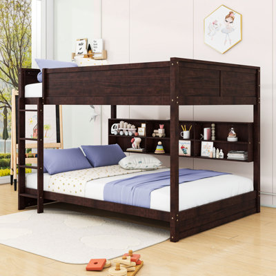 Queen Over Queen Wooden Bunk Bed With Ladder And Storage Shelves