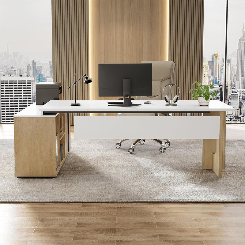 Bureau de direction en L avec armoire de rangement et tablettes, grand bureau d'ordinateur moderne