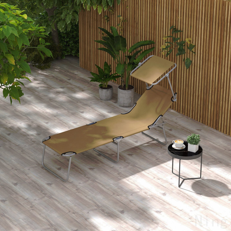 Outdoor Lounge Chair, Adjustable Folding Chaise Lounge, Tanning Chair With Sun Shade For Beach, Camping, Hiking, Backyard, Tan