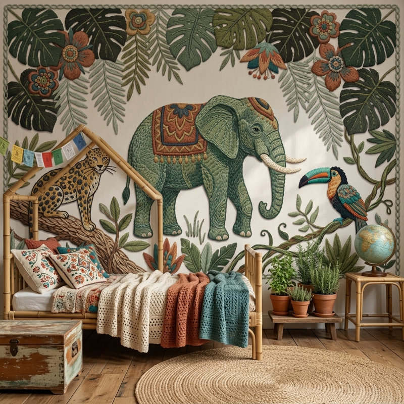Papier peint brodé éléphant tropical amovible, Texturé non collé, 100 po x 96 po