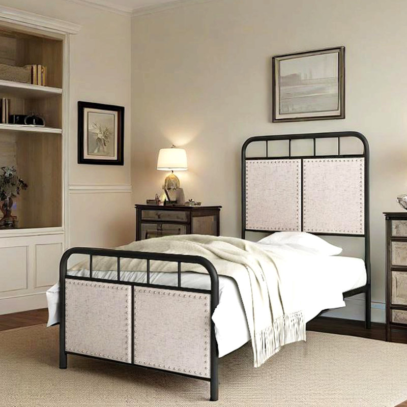 Twin Size Linen Upholstered Platform Metal Bed Frame with fabric Headboard and Footboard, Black