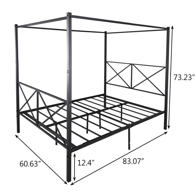 Queen Bed Frame Metal, Canopy Design, Supports Up To 500 Lbs, Black, No Box Spring Required, Fits Standard Metal With Canopy, Strong & Stable Frame, Noise-, All Mattresses