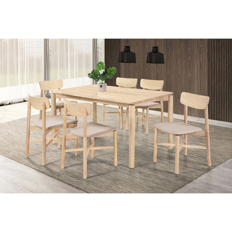 7 - Piece Wood Dining With White Washed Finish, Mid Century Aesthetic, Rectangular Table, Solid Back Upholstered Chairs, Seats 6 , Tan Fabric Covered