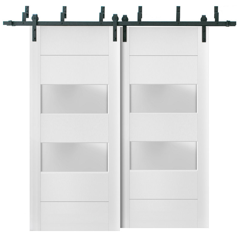 Portes coulissantes de placard en verre dépoli à 2 vantaux, style grange, 142 x 244 cm (56 x 96 pouces), Lucia 4010, blanc soie, rails robustes de 2 m (6,6 pi), quincaillerie, portes de placard de chambre en bois massif.
