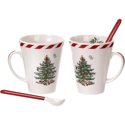Christmas Tree Peppermint 14Oz Mug & Spoon Set (4-Piece) - Festive Earthenware With Candy Cane Motif, Ceramic Mug For Hot Chocolate, Coffee, Holiday Mornings - Christmas Drinkware