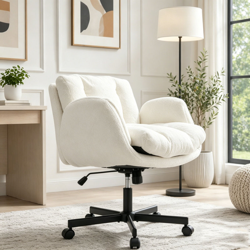 Chaise de bureau pivotante en chenille moderne avec accoudoirs réglables, Beige