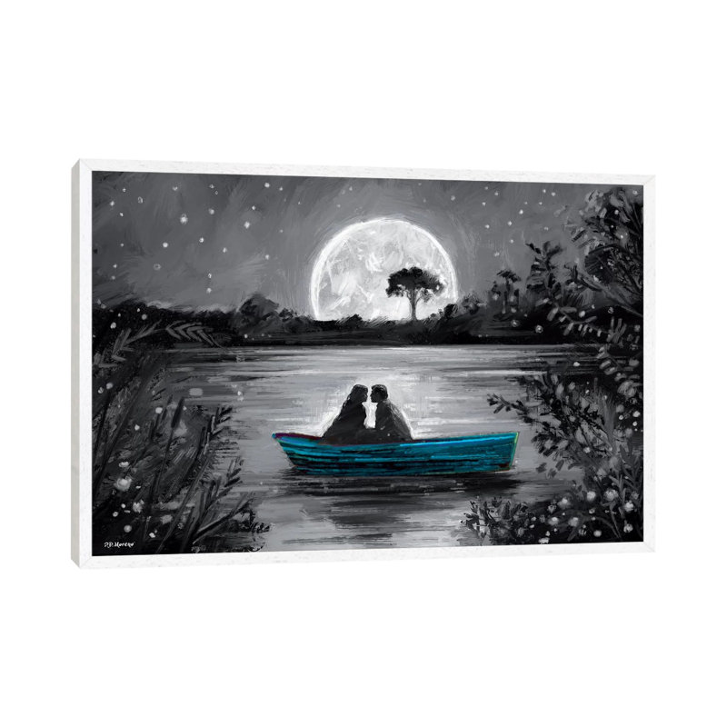 Love In Boat Blue by P.D. Moreno - Painting on Canvas, 66.04cm H x 101.6cm W x 3.81cm D, White Floater Framed