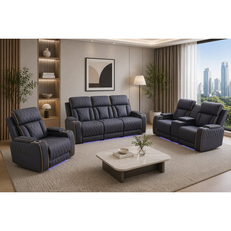 Ensemble de canapé de salon inclinable électrique en cuir sablé gris bleuté avec éclairage à DEL, ports USB et console, 3 pièces