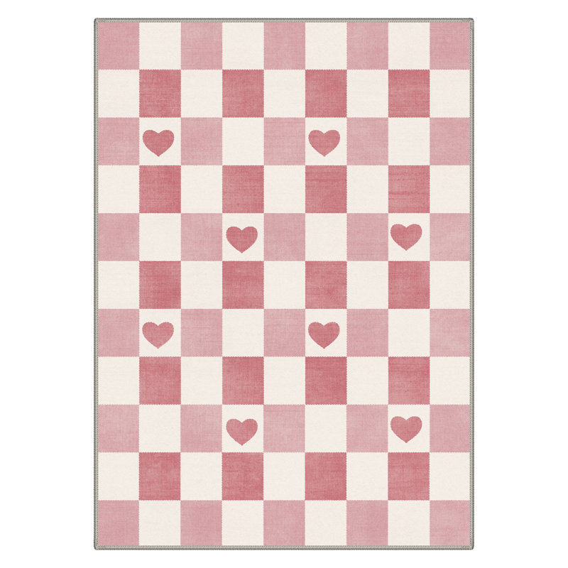 Modern Heart Machine Washable Pink / Beige Indoor Area Rug with Non-Slip Backing, Round 5'
