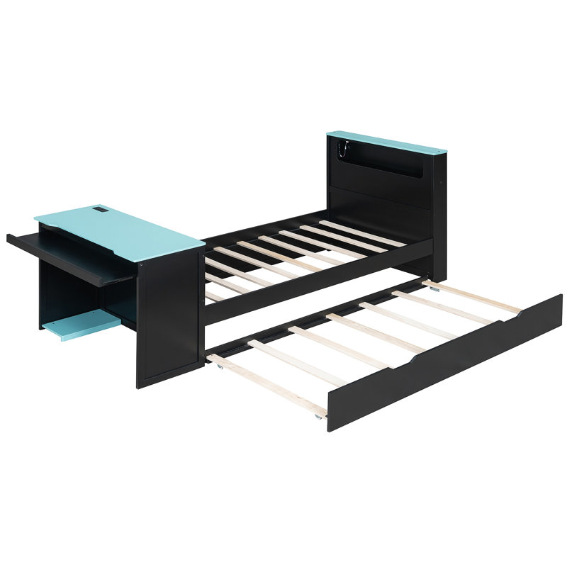 Wood Daybed With Trundle,Desk,LED Light And USB, Lit simple, Noir / Bleu