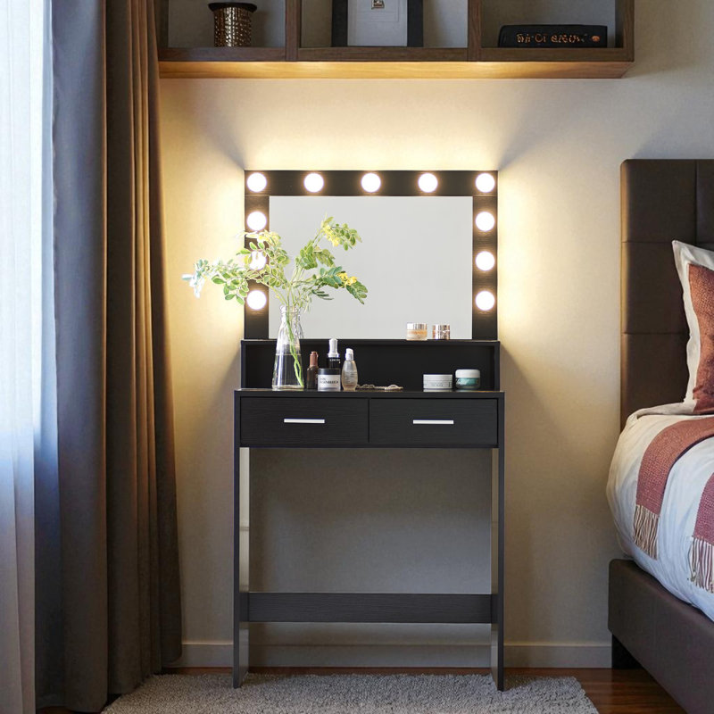 Coiffeuse noire avec miroir et lumières, grand tiroir, meuble-lavabo à 2 niveaux, 3 modes d'éclairage
