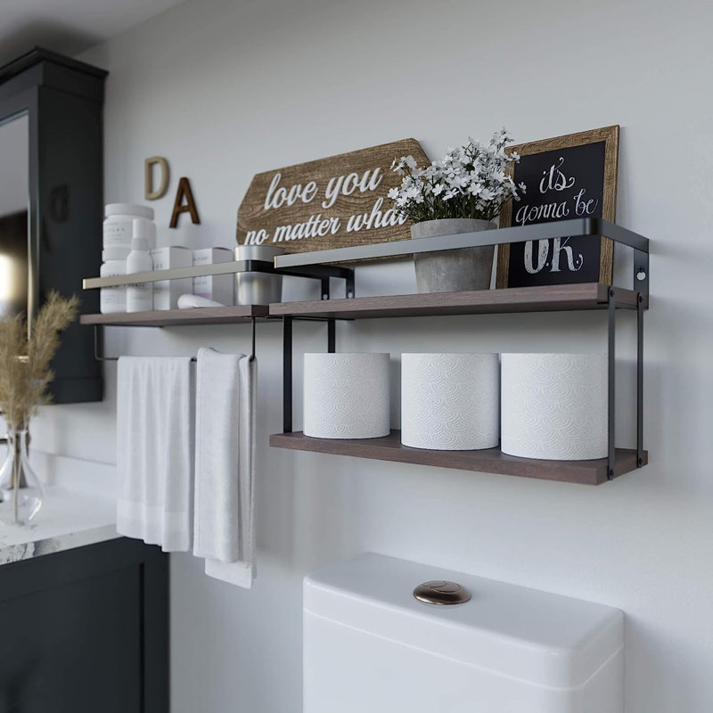 Purefoy 3 Piece Floating Shelf with Towel Bar, Rustic Brown