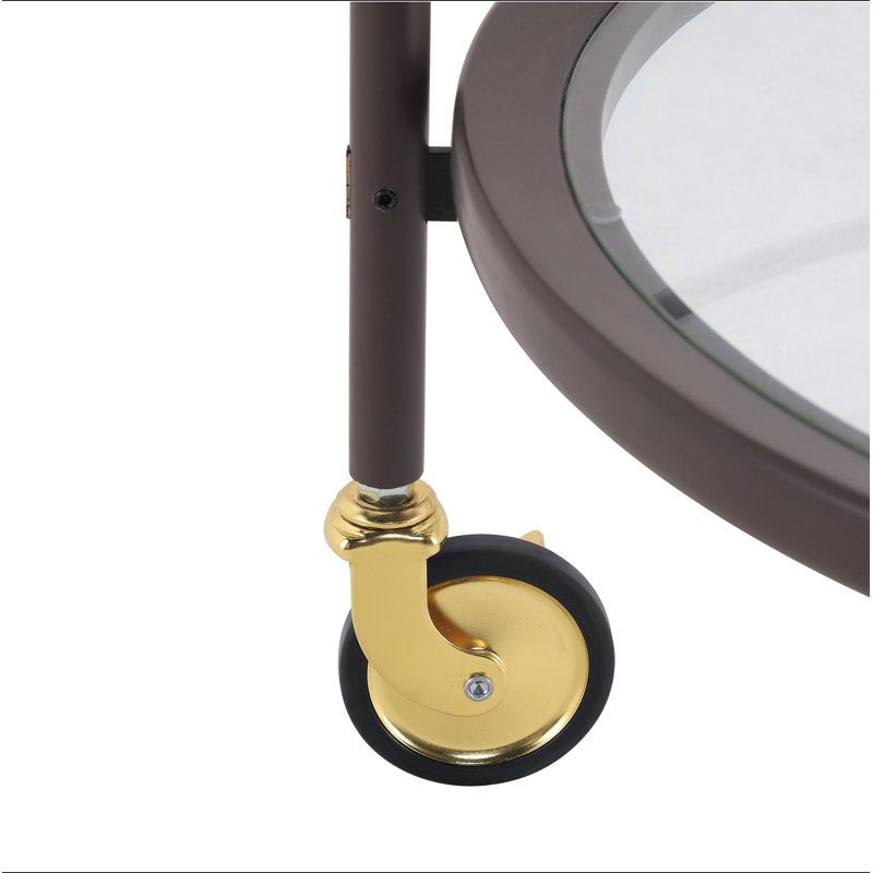 Modern Coffee Round Bar Cart with Tempered Glass Shelves and Gold Locking Casters