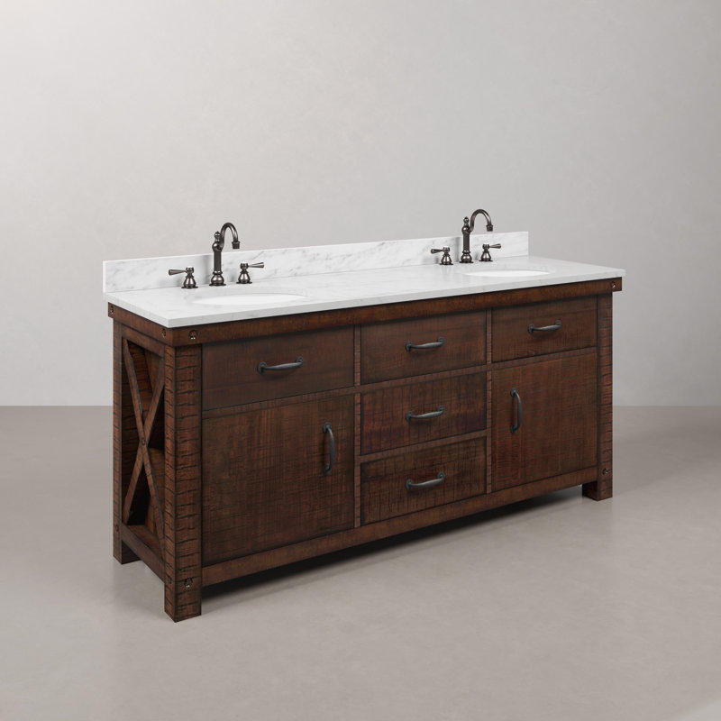 Aberdeen 72 In. Double Sink Blue Limestone Countertop Vanity In Rustic Sierra With Mirrors, Carrara White, Rostic Sienna