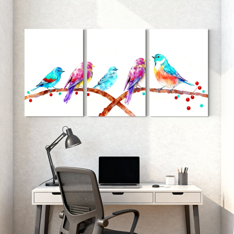 «Birds Colorful Birds On Branch», ensemble de 3 impressions sur toile, H 18 po x l 36 po