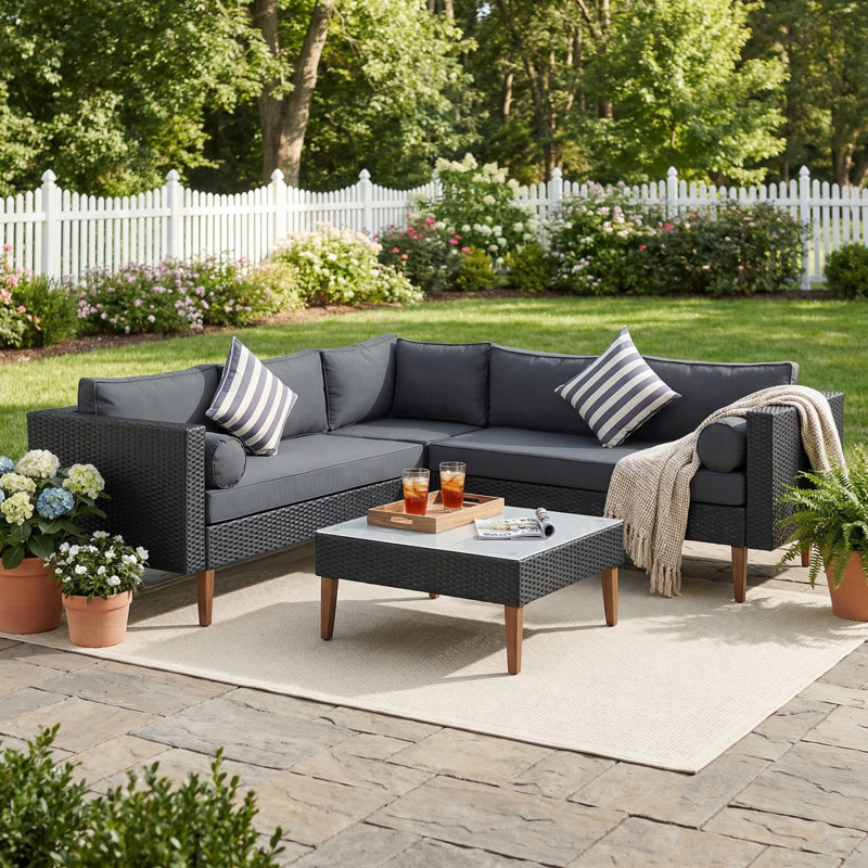 Ensemble de canapé d'extérieur en osier 4 pièces, mobilier de patio avec coussins colorés, ensemble de canapé de patio en forme de L pour la cour, près de la piscine