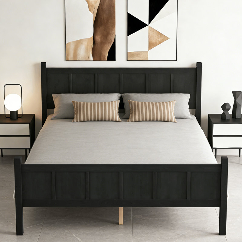 Modern Platform Bed With Headboard, Black, Grand lit