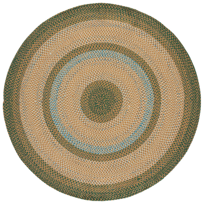 Braided Hand Woven Machine Washable Geometric Brown / Dark Green Indoor/Outdoor Area Rug, 6'-0" x 6'-0" Round
