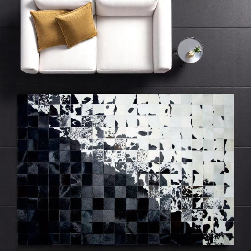 Tapis en cuir de vachette noir et blanc fait à la main, Rectangle 8 pi 10 po x 12 pi