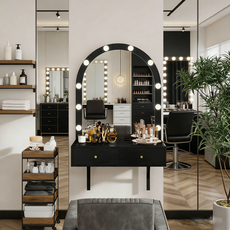 Modern Floating Makeup Vanity With Lighted Arched Mirror, Built-In Outlets & Storage Drawers, Black