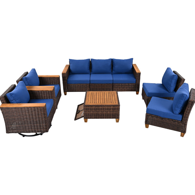 8 meubles d'extérieur avec chaises berçantes et pivotantes, table, coussins épais, bleu, meubles protégés: rangement, décoloration