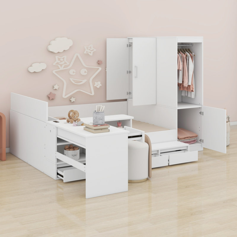 Lit plateforme avec tiroirs, tablettes, bureau et garde-robe, Blanc