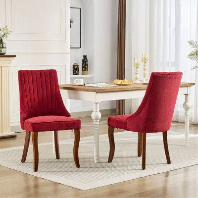 Dining Chairs Channel Kitchen Dinner Chair Comfy Fabric Upholstered Accent Chair For Dining Room With Curved Solid Wood Legs,Set Of 2 (Wine Red)
