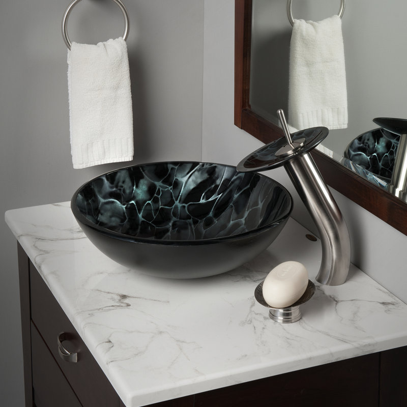 Novatto 16.5'' Black/Silver Glass Circular Bathroom Sink, Oil Rubbed Bronze